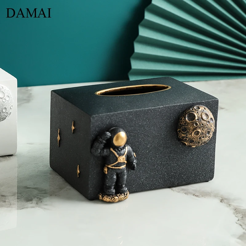 Astronaut Decorative Tissue Boxes Space Moon Resin Napkin Holder Nordic Seat Type Paper Towel Case Home Decoration Storage Box