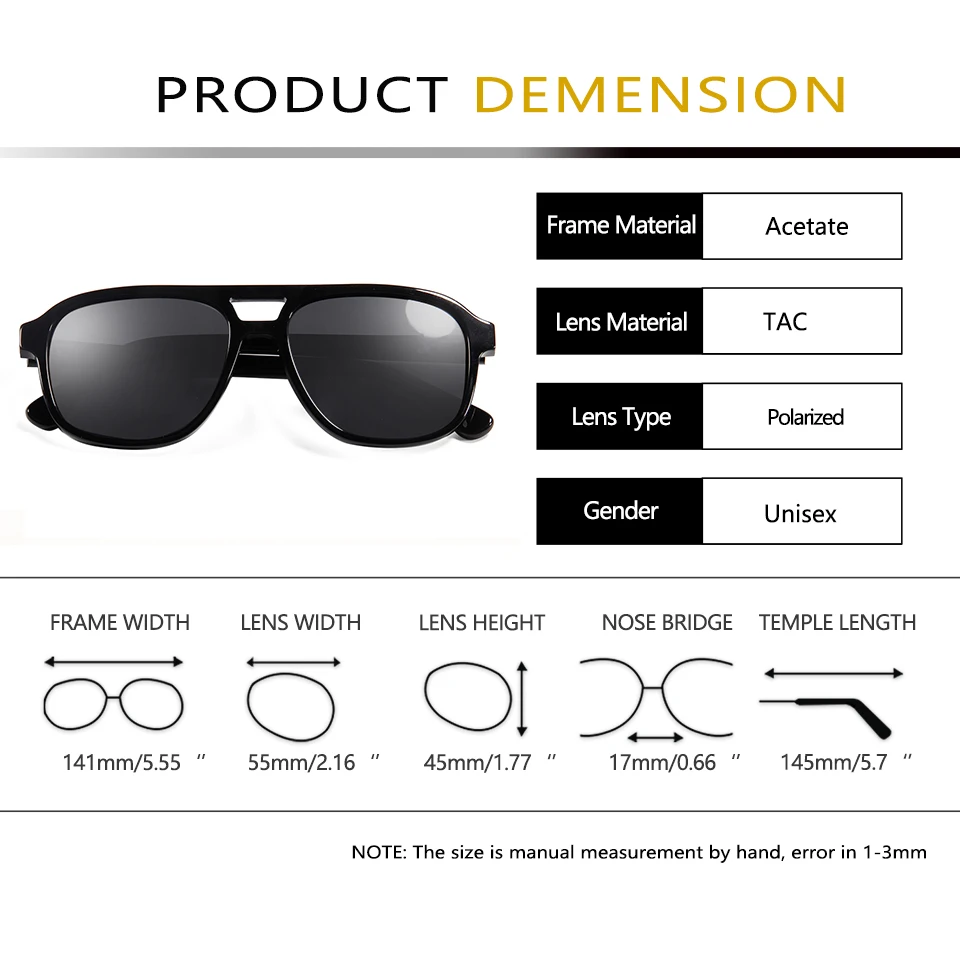 Occhiali da sole in acetato uomo polarizzati quadrati doppi ponti occhiali da sole per aviazione per donna Designer di marca Street Style Uv400