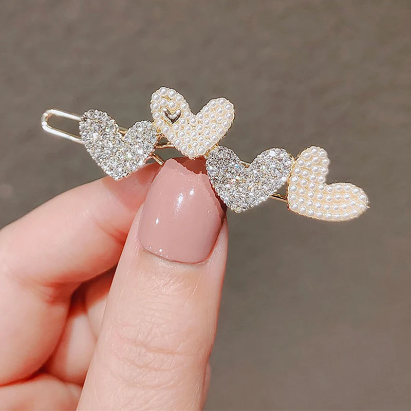 1Pc Fashion Crystal Rhinestones Hairpin Heart Love Shape Women Hair Clips Pearl Barrettes Hair Styling Accessories