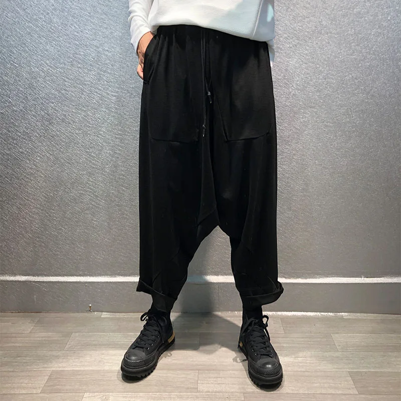 

Dark personality big crotch loose and thin harem pants autumn trendy men's elastic waist solid color stretch straight-leg pants