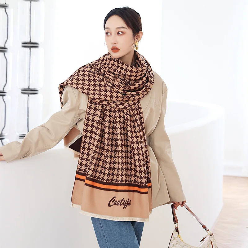 New Woman Fashion European And American Style Houndstooth Printing Imitation Cashmere Shawl Multifunction Warm Scarf Gift