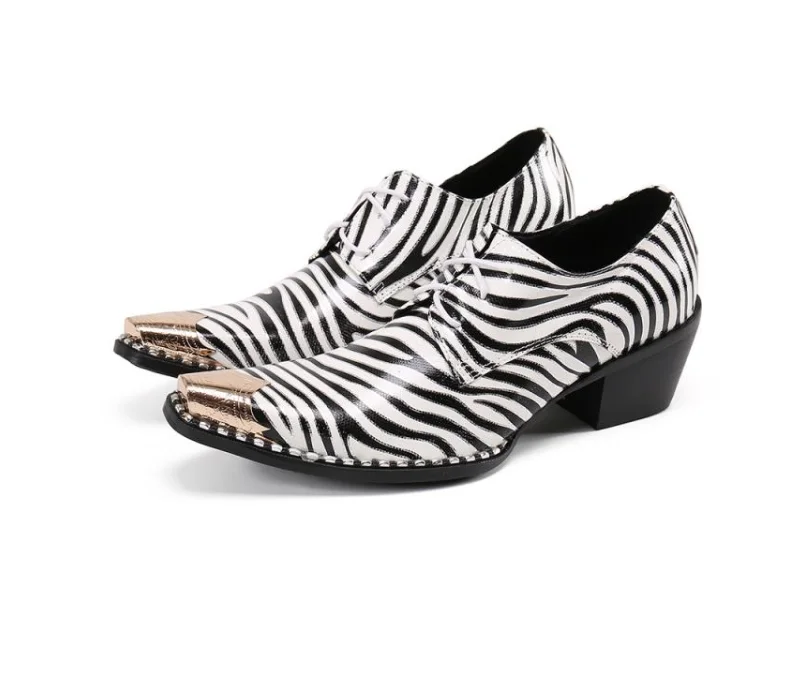 

Mens High Heels Slip On Metal Oxfords For Men Zebra Pattern Pointed Toe Casual Wedding Office Male Shoes Masculine Chaussures