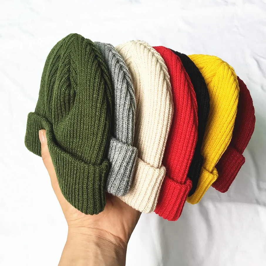 Brimless Hats Hip Hop Beanie Skullcap Street Knitted Hat Women Men Acrylic Unisex Casual Solid Pumpkin Portable Melon Cap