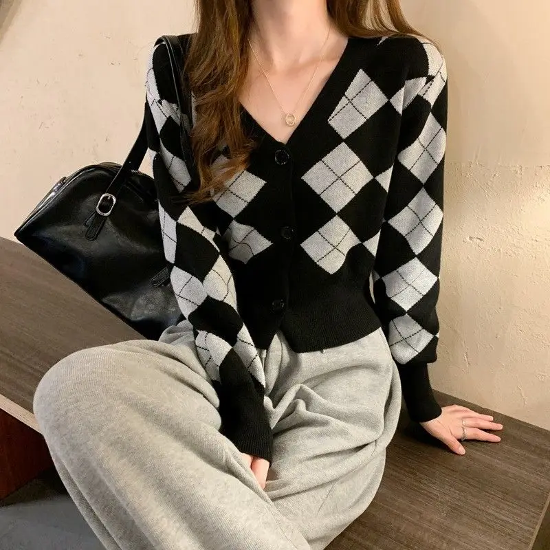 Cardigan Women Vintage Argyle Skinny All-match College Knitted Leisure Cozy Elegant V-neck Korean Style Female Cropped Sweater