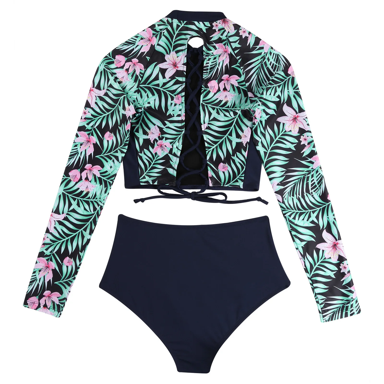 Kobiety dwuczęściowy strój kąpielowy strój kąpielowy kwiatowy Print z długim rękawem wysypka straż krótki Top z Ruched trójkąt zestaw Tankini strój