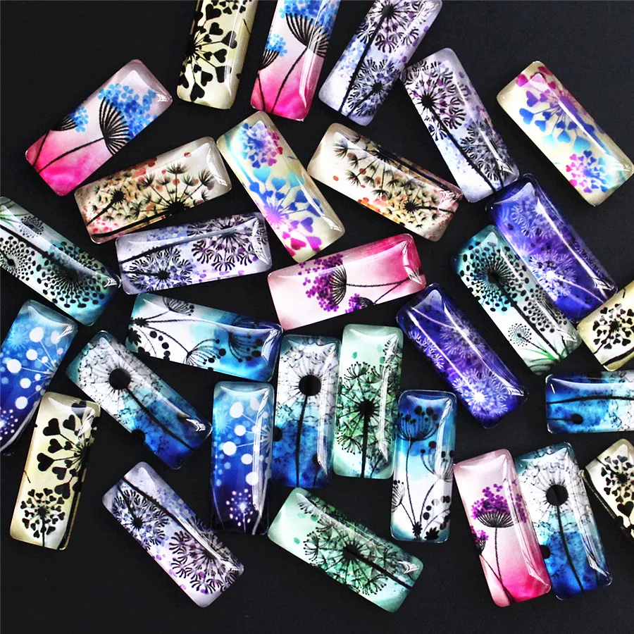 10x25mm Random Mixed  Dandelion flower Rectangle Pattern Glass Cabochon Flatback Photo Tray Blank DIY Accessories Paird 10pcs