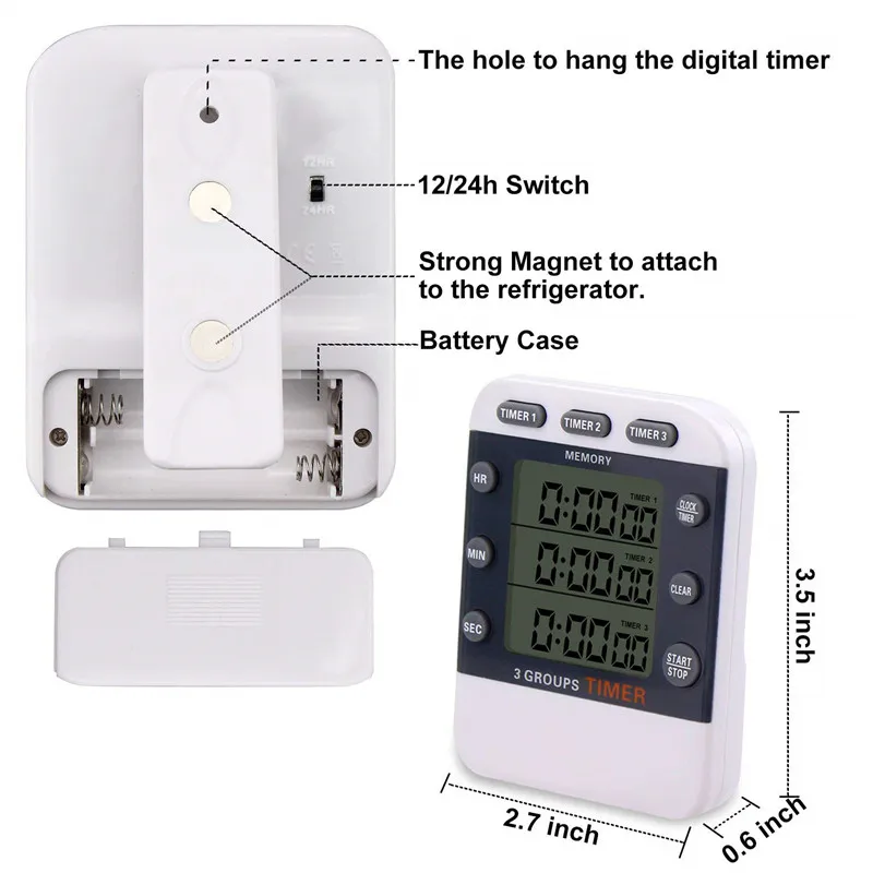 Digital Timer 99 Hour TripleCount Down/Up Clock Timer Kitchen Cooking Timer with Large LCD Display Loud Alarm Magnet Bracket