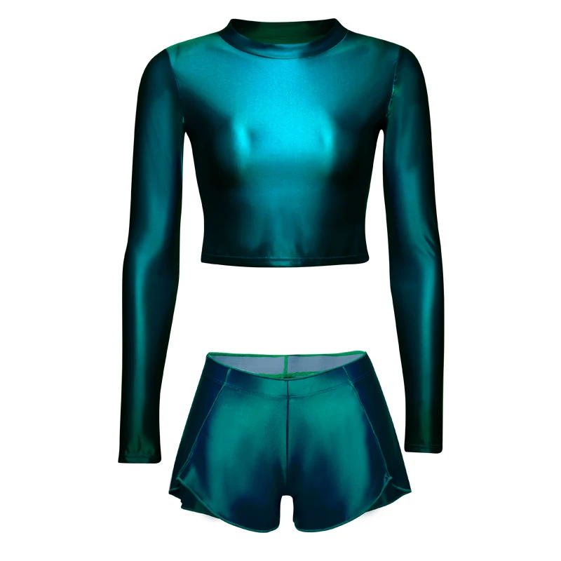 Bodysuit + Running shorts Bodysuit Long sleeved bodysuit running suit glossy high elastic round neck training suit Running gear