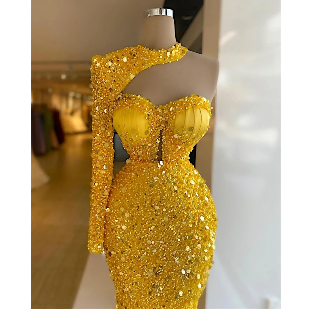 Shinny Yellow Sequins Beading Crystal Mermaid Evening Dress One Shoulder Halter Neck Blackless Prom Dresses Vestidos de novia