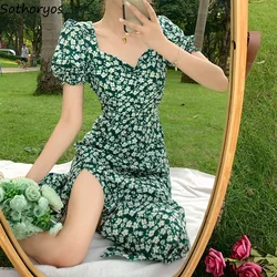 Women Short Sleeve Dresses V-neck Green Floral Printed Side-slit Elegant Female Holiday Fashion Dress Summer New Vintage Ulzzang