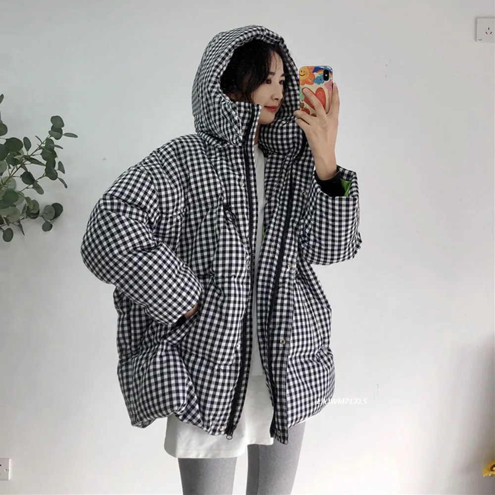 Winter 90% Duck down Coat Chic 2022 Retro Classic Black White Plaid  Loose Hooded Female Puffer Down Jackets For Women