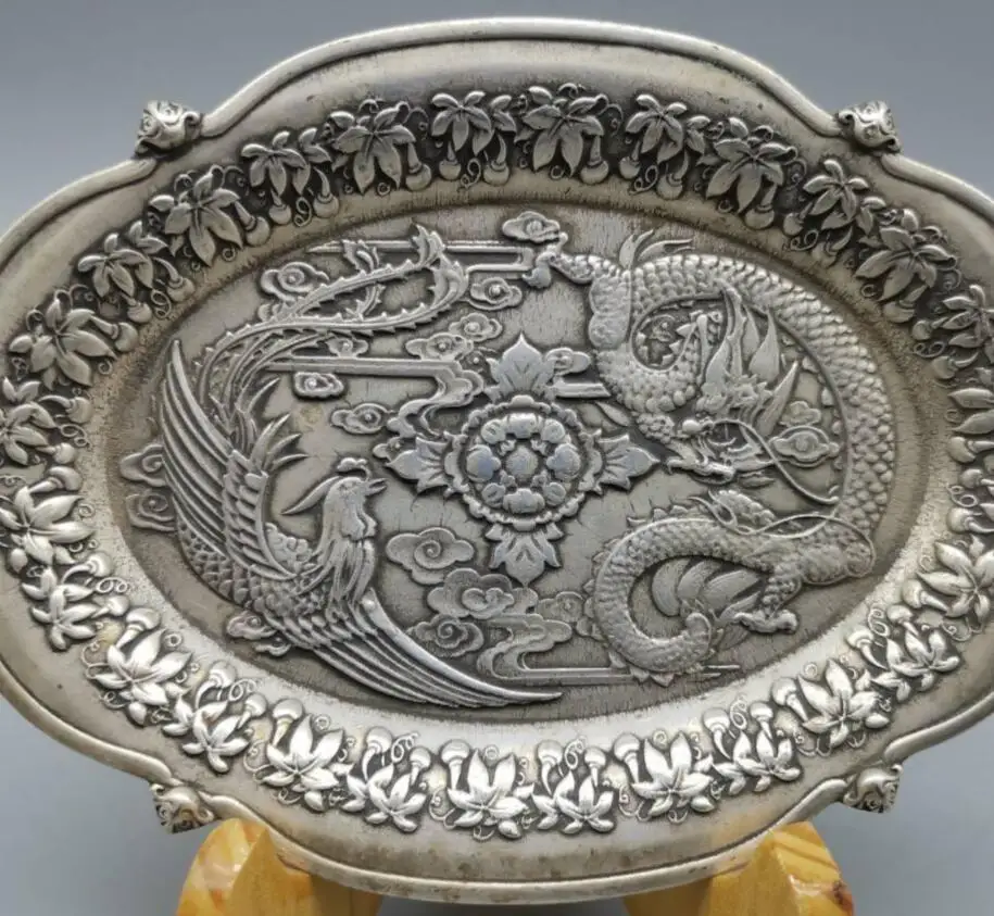 China White copper archaize dragon phoenix plate crafts statue