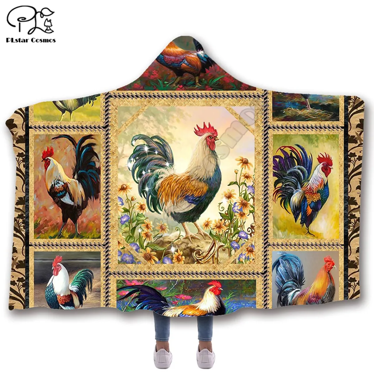 Various Rooster pattern Hooded Blanket Adult colorful child Sherpa Fleece Wearable Blanket Microfiber Bedding style-4