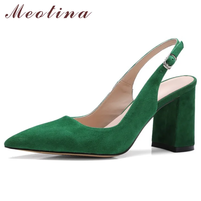 Meotina High Heels Women Pumps Kid Suede Square High Heel Slingbacks Shoes Real Leather Buckle Pointed Toe Shoes Lady Size 34-42