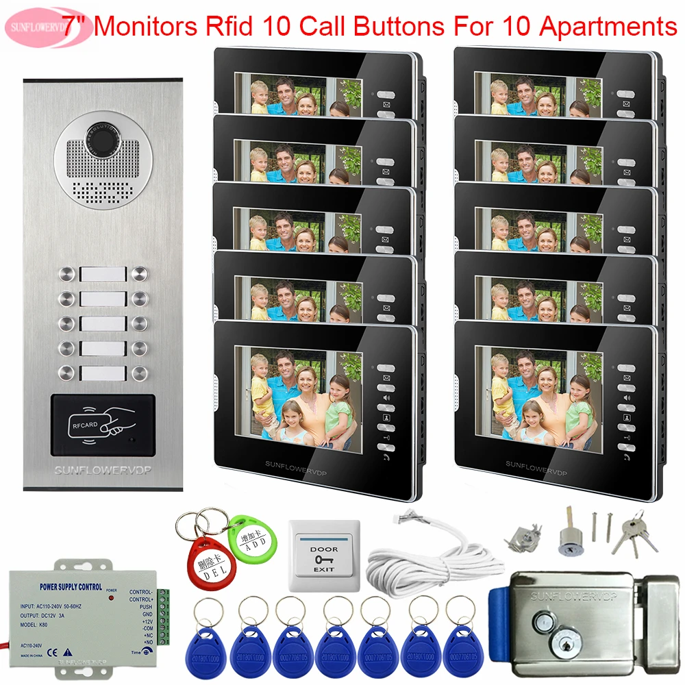 

For 10 Apartments 7 inchs Intercom For a Private House Access Control Home Bell Video Doorphone Monitors + Electronic Door Lock