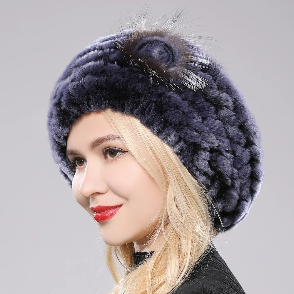 New Lovely Lady Beret Caps Knitted Real Rex Rabbit Fur Beanie Hat Women Winter Rex Rabbit Fur Hats 100% Real Rex Rabbit Fur Cap