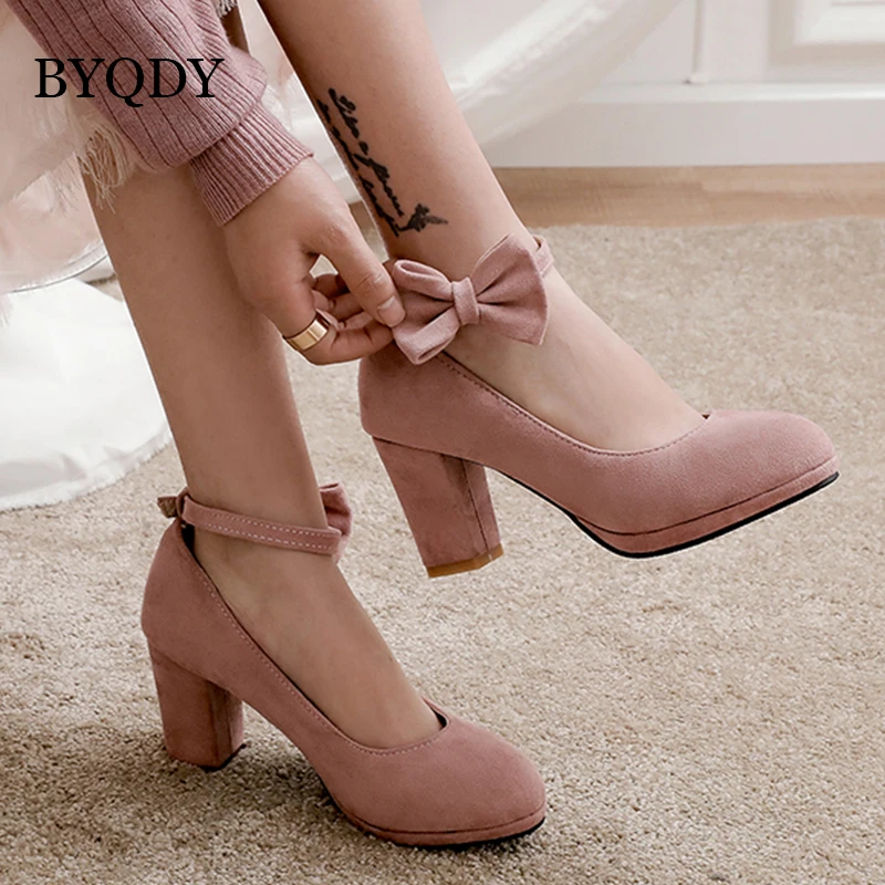 BYQDY Spring Suede Woman Mary Jane Pumps Sweet Bow Knot Pumps Square High Heels Buckle Casual Shoes Plus Size 50 Wedding Shoes