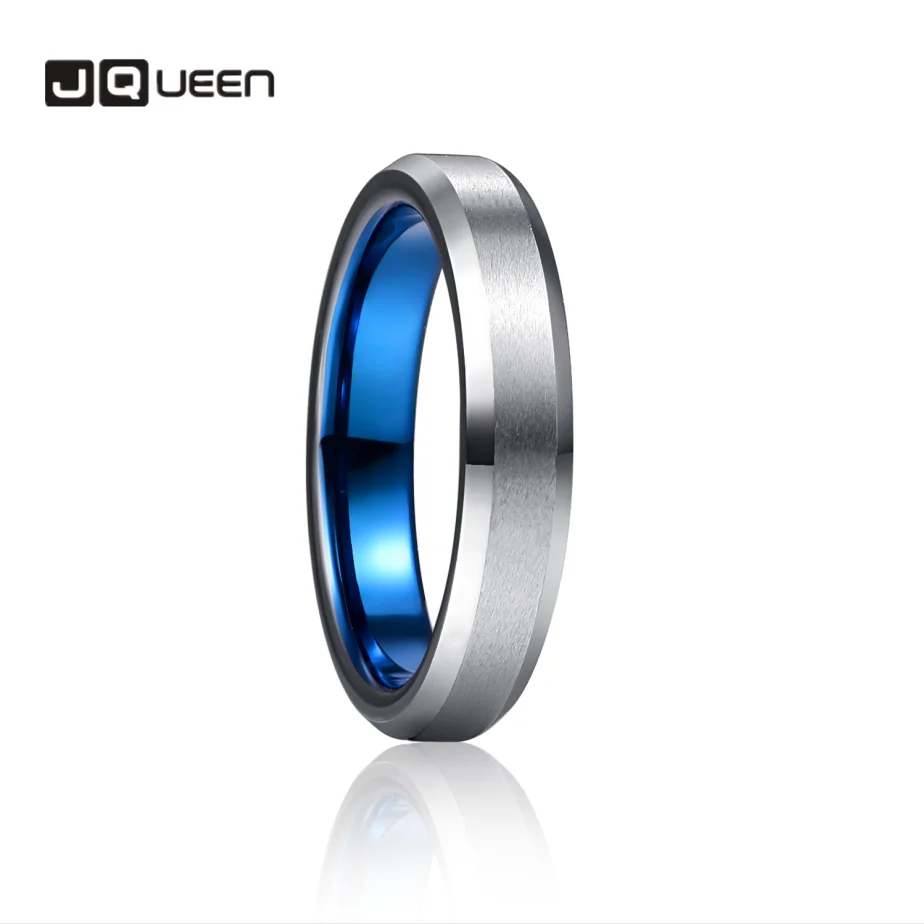 JQueen 4mm Blue Outer Ring Steel Salad Chamfered Tungsten Carbide Ring Wedding Band for Men Comfort Fit Rings Engagement Jewelry