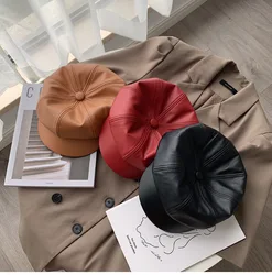 Vintage Men Women PU Leather Octagonal Beret Cap Hat Gatsby  Peaked Cabbie Hats Casquette