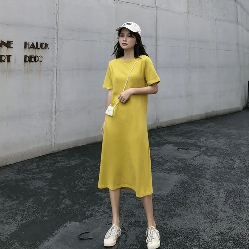 T Shirt Dress Women Summer Casual Loose Dresses Short Sleeve O Neck Tunic  Solid Color Dress Clothes Femme