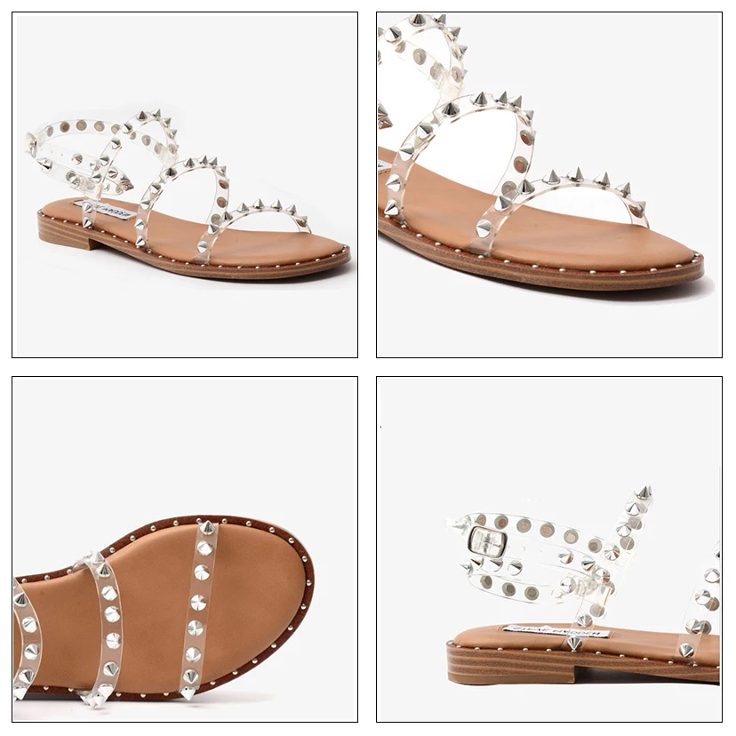 Sandalias con remaches para mujer, zapatos ligeros y antideslizantes, Sandalias planas transparentes con tachuelas de diseñador, moda de verano, 2023
