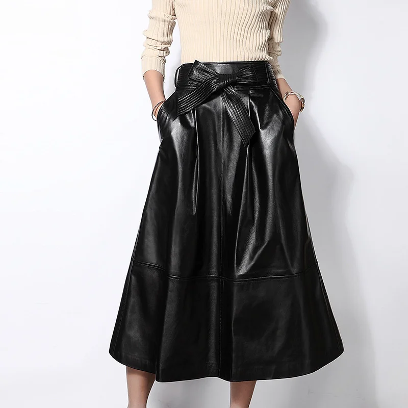 High Vintage Waist Butterfly-Knot Sashes Long Skirts 100% Natural Leather Sheepskin Skirts Luxury Elegant Pockets Skirts Women