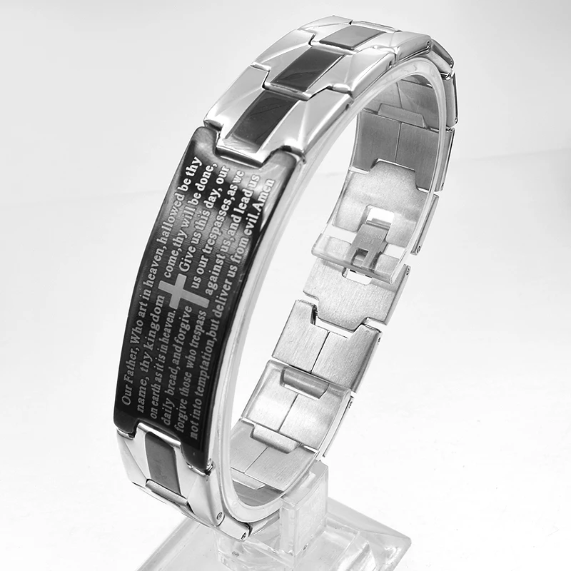 ATGO Black Silver Color Cool Chains Link Stainless Steel Cuff Bangle For Men Bible English Cross Bracelets Jewelry Gift Women