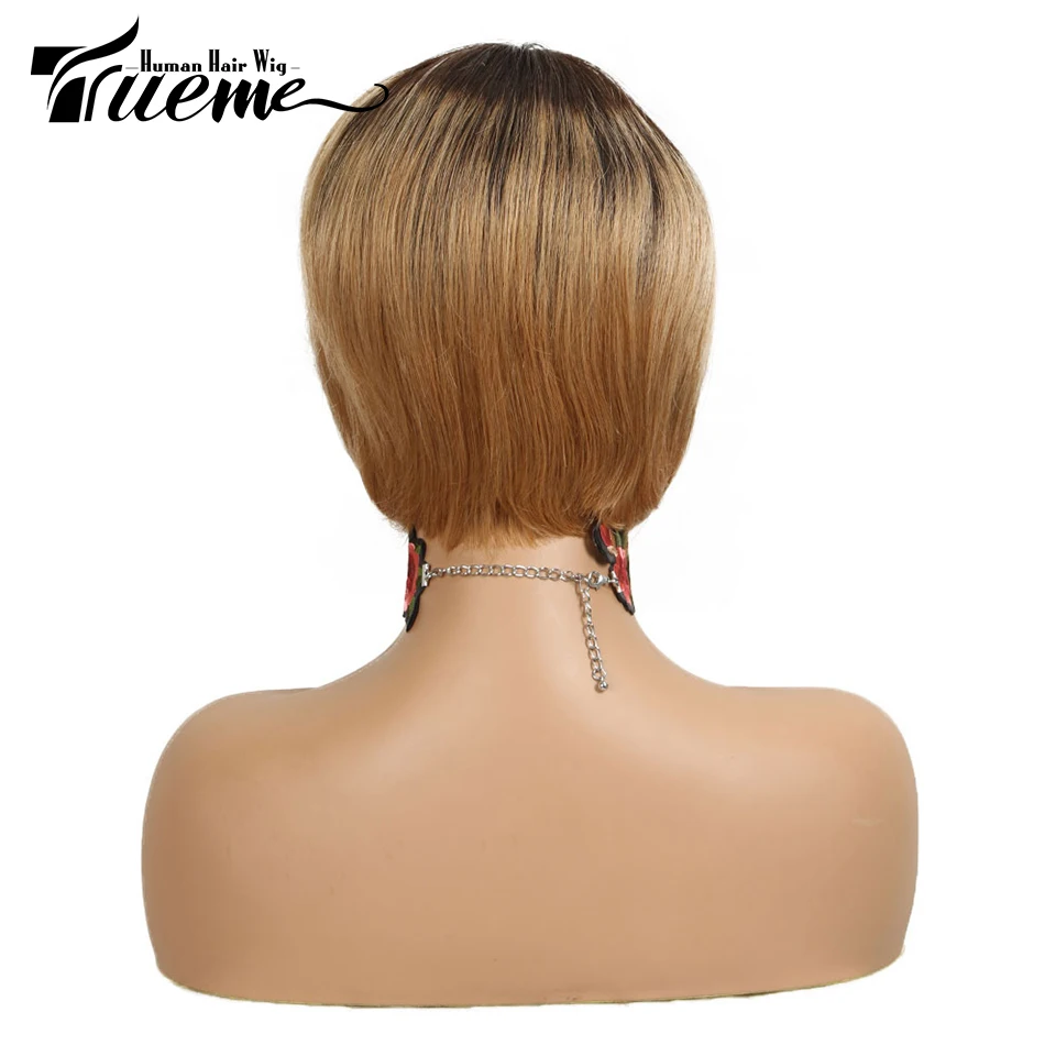 Trueme Pixie Cut Menselijk Haar Pruiken Ombre Blonde Korte Bob Pruik Voor Vrouwen Gekleurde Mode Braziliaanse Volledige Machine Pruik Met pony