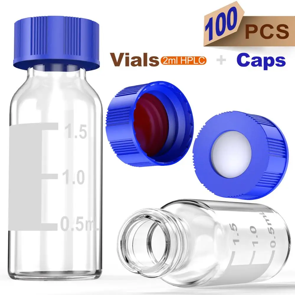 Autosampler 2ml HPLC 9-425 Clear glass vial Bottles with Write-on Spot and 9mm ABS Screw Caps, 100Pcs by Ks-Tek