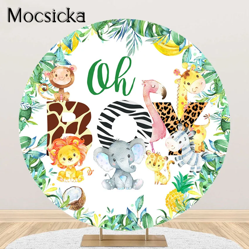 

Mocsicka Safari Party Backdrop Boy Baby Shower Birthday Party Jungle Animals Round Circle Cover Fabric Photoshoot Background