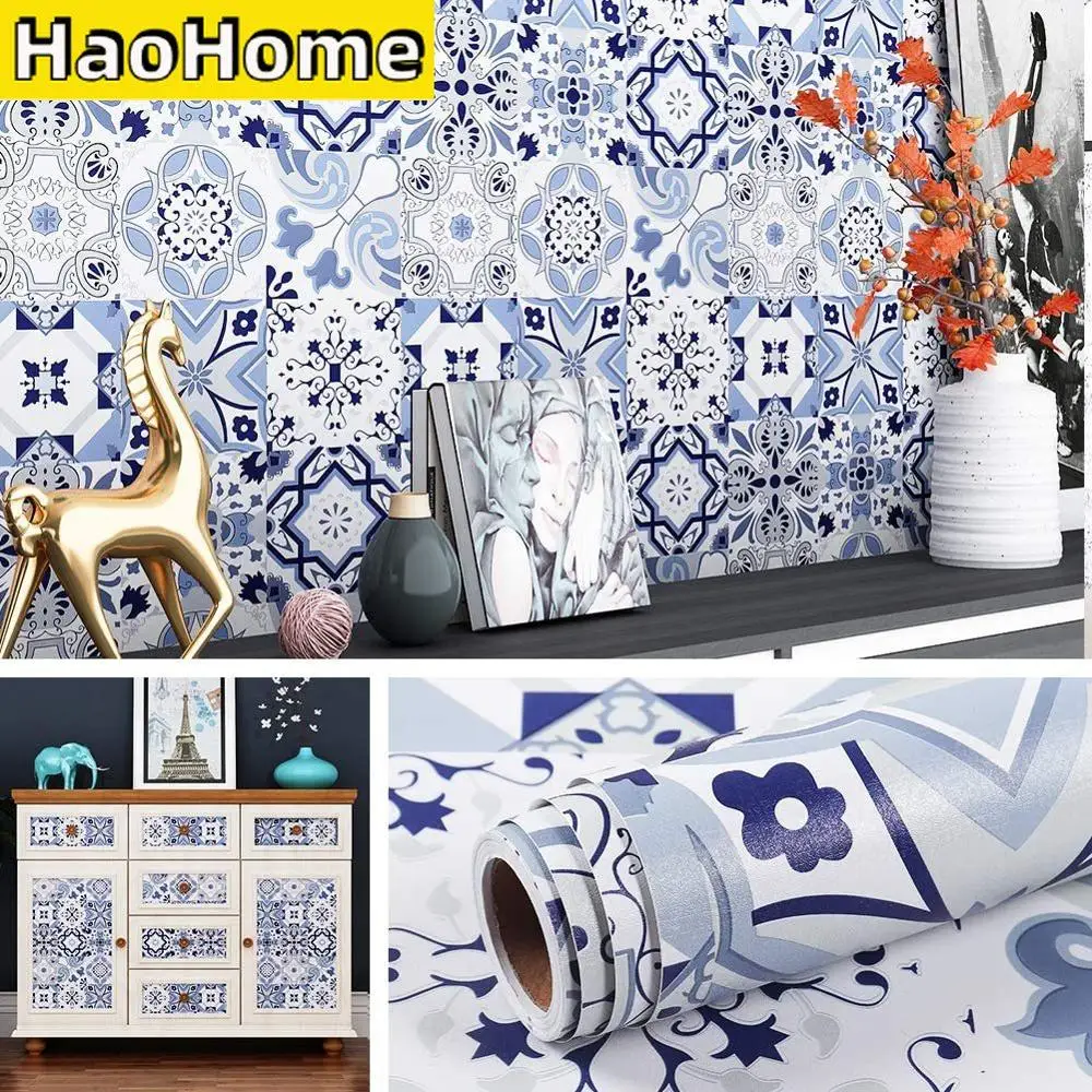 HaoHome Self Adhesive Contact Paper Backsplash Peel and Stick Wallpaper Moroccan Tile Waterproof Removable Blue Tile Wallpaper