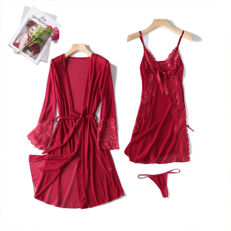 Pajamas Set Sexy Nightie Large Size Robe and Suspender Skirt Thin Mesh Transparent Lace Pajamas for Women Plus Size Sleepwear