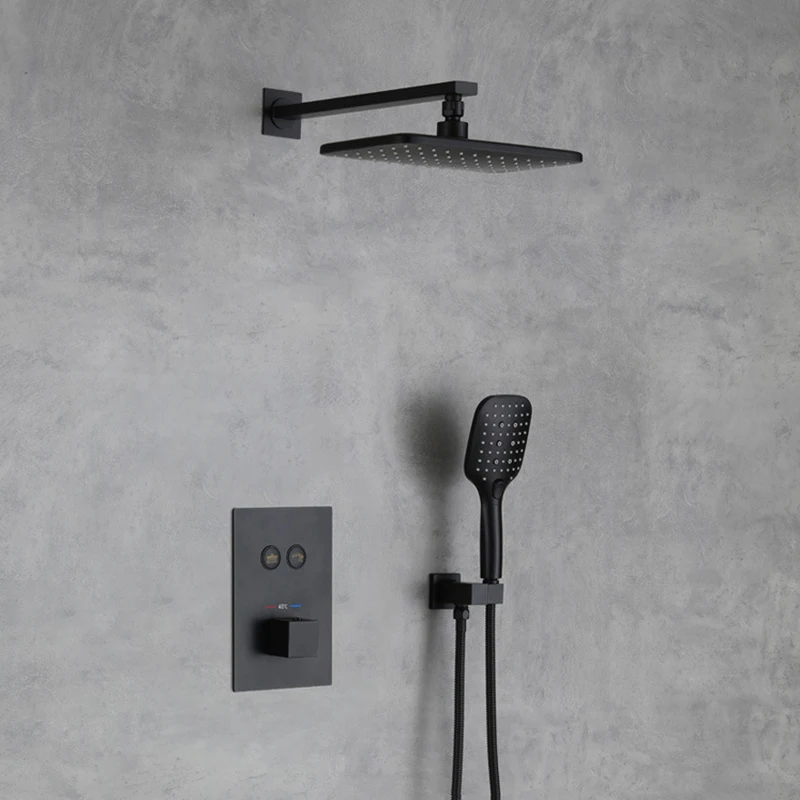 

Luxury Matte Black Shower Faucet Wall Mounted Thermostatic 2 Function Bathroom Shower Set