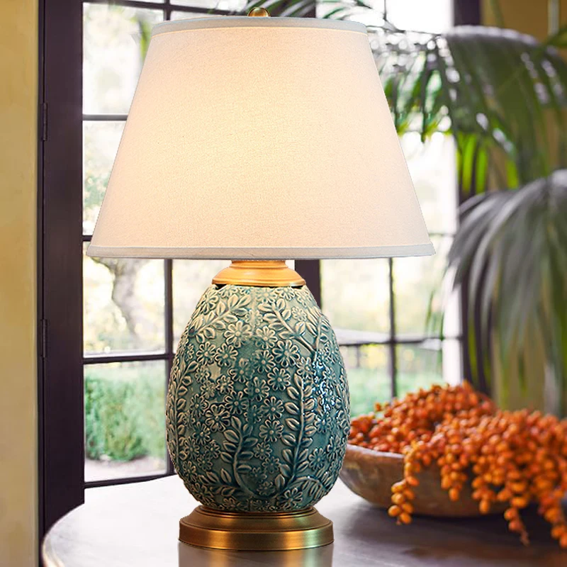 Modern ceative blue carving ceramic Table Lamps American dimmer switch copper fabric E27 deco lamp bedside&foyer&studio JTSJ007