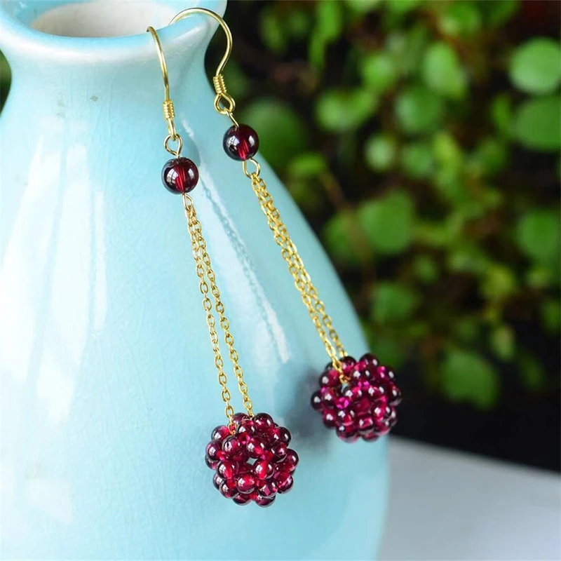 Vintage Ethnic Natural Garnet Handmade Hydrangea Drop Earrings For Women Colorful Dangle Earring Piercing Accessories Fine Gifts