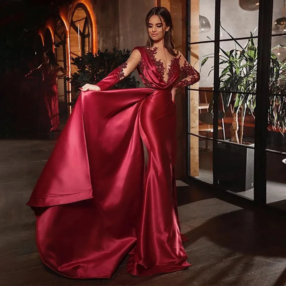 Customized 2025 Arabic Dubai Satin Formal Evening Dresses Burgundy Sheer Lace Appliques Celebrity Prom Gown Mermaid Abendkleider