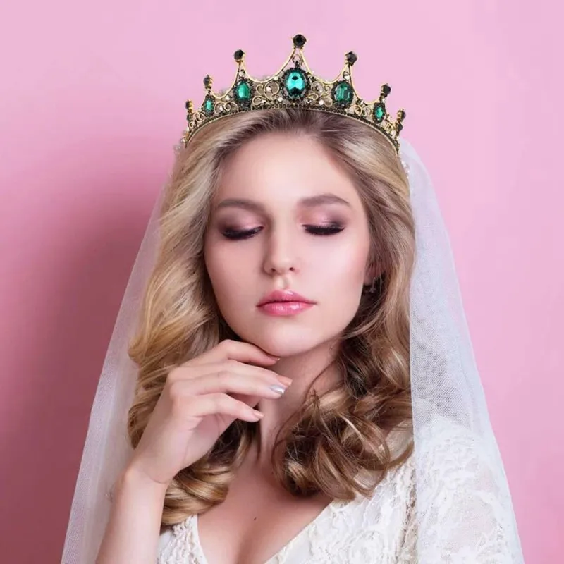 FORSEVEN Baroque Vintage Green Crystal Crown Tiaras Wedding Bridal Hair Accessories Flower Tiara Headpieces tocados para novia