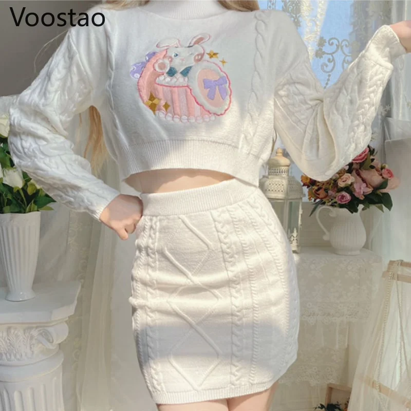 Women Knitted Lolita Sets O-Neck Long Sleeve Casual Crop Tops Kawaii Bunny Embroidery Sweaters Mini Knitted Twist Skirts Suits