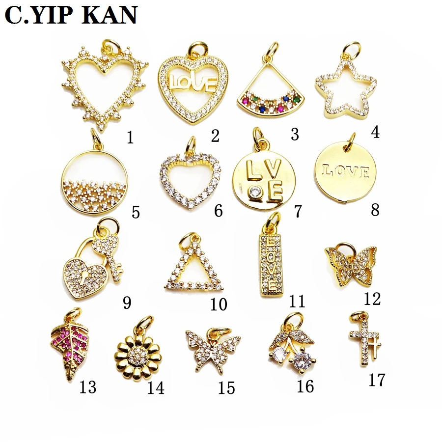 Love hearts small pendant butterfly cherry charms micro zircon gold plated leaves pendant DIY bracelet necklace accessorie