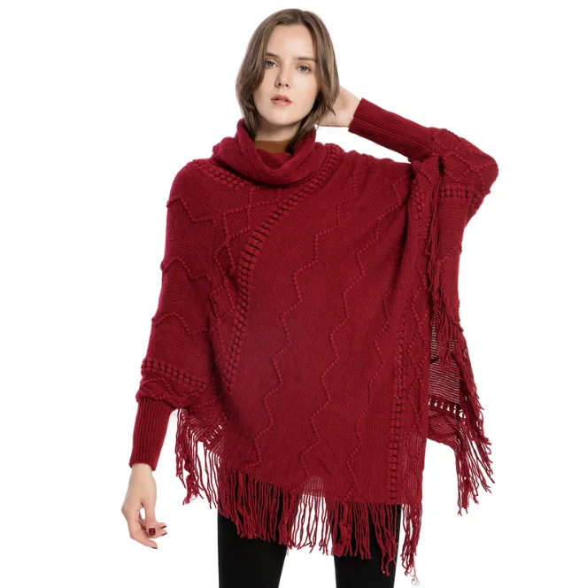 Pull Femme Autumn  Winter New Women's Acrylic Tassel Sweater High Neck Warm Sleeve Pullover Cloak Tassels Shawl Gray