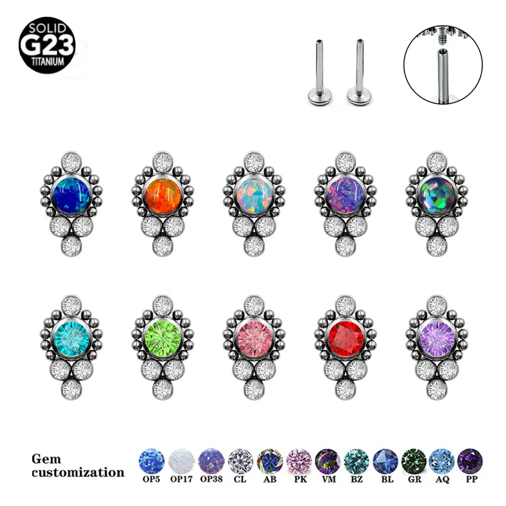 1PC G23 Titanium & Fire Opal Cz Gem Flower Earring Stud Labret Bar Ring Body Piercing Jewelry Cluster Ear Tragus Helix Cartilage