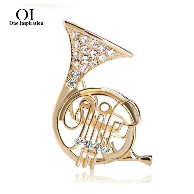 BUCOMEOI Trumpet Shaped Brooches Women Crystal Gold-color Costume Music Brooch Musician Shirts Hijab Pins Corsages