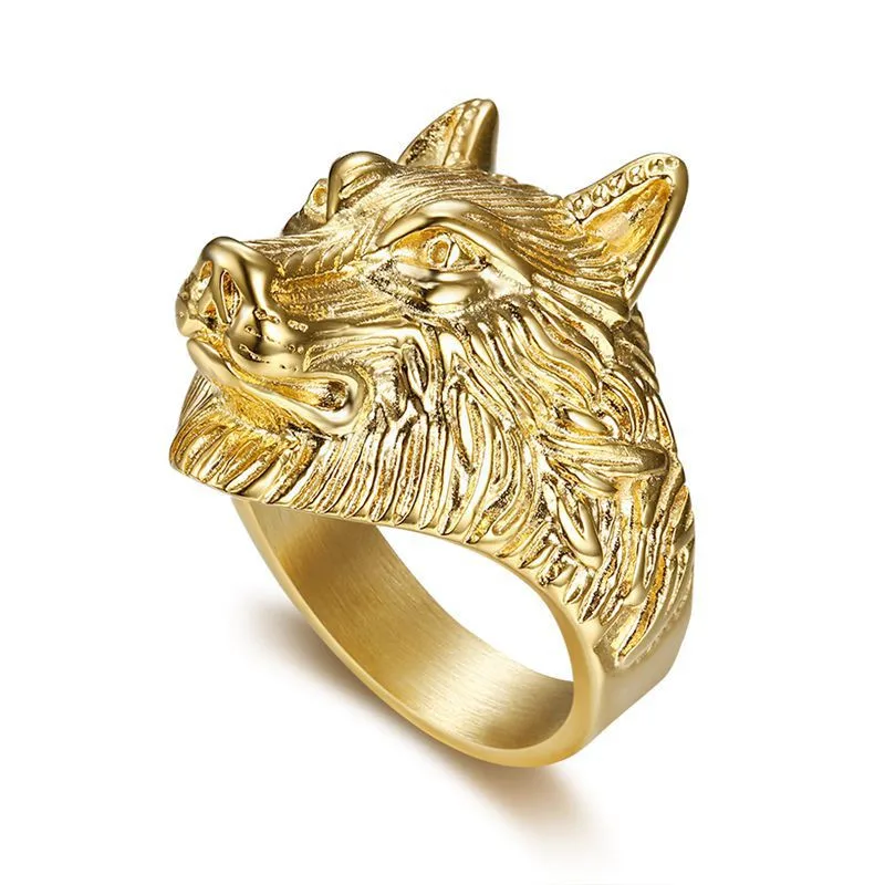 

Fashion Wolf Head Men Ring Personlaity Hip Hop Gold Color Stainless Steel Ring For Male Animal Jewelry Gift
