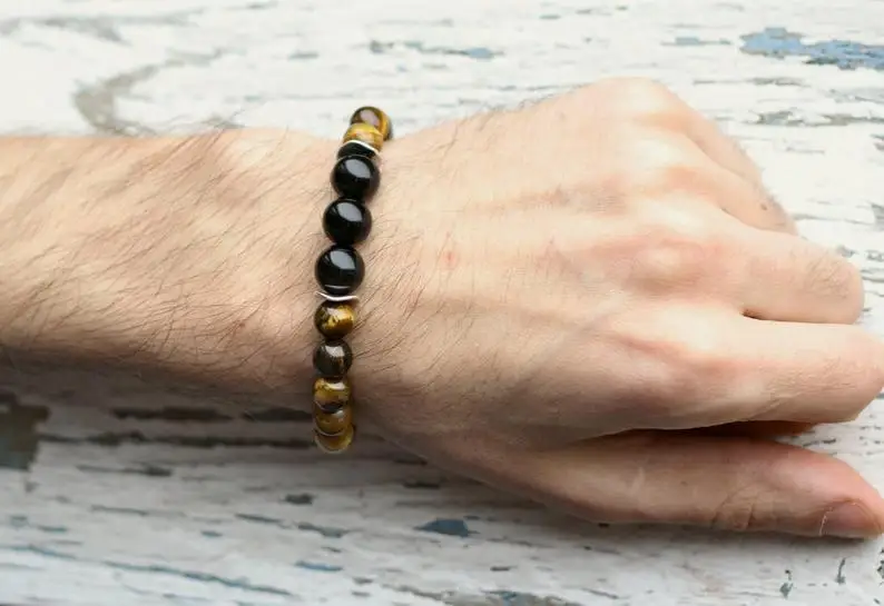 protective stones man gems jewellery obsidian beads husband gift for cousin yellow tiger eye bracelet