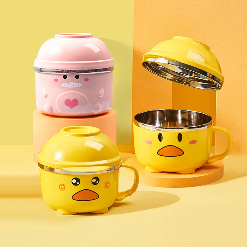 

900/1200ml Cute Duck Ramen Bowl With Lid Stainless Steel Kawaii Double-layer Kitchen Noodle Salad Fruit Rice Soup Bowl Tableware