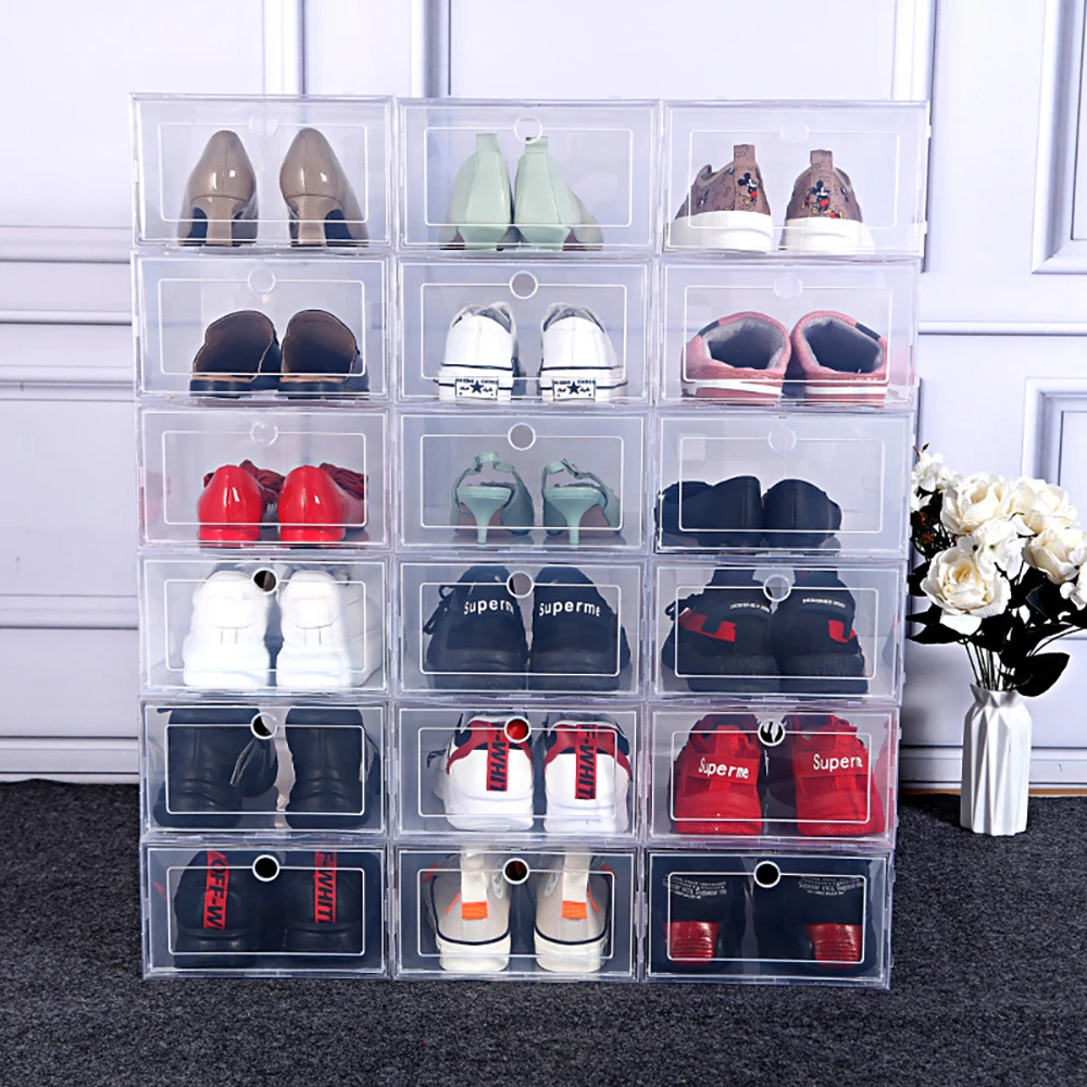 6 Pack Transparent shoe box shoes organizers thickened foldable Dustproof storage box Stackable combined shoe cabinet Sale