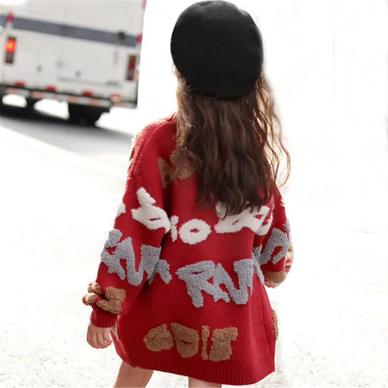 Girls Clothing Knit Cardigan Sweaters Letters Embroidered Sweater Coats Loose Thicken Long Cardigan Knitwear Overcoat Print Kids