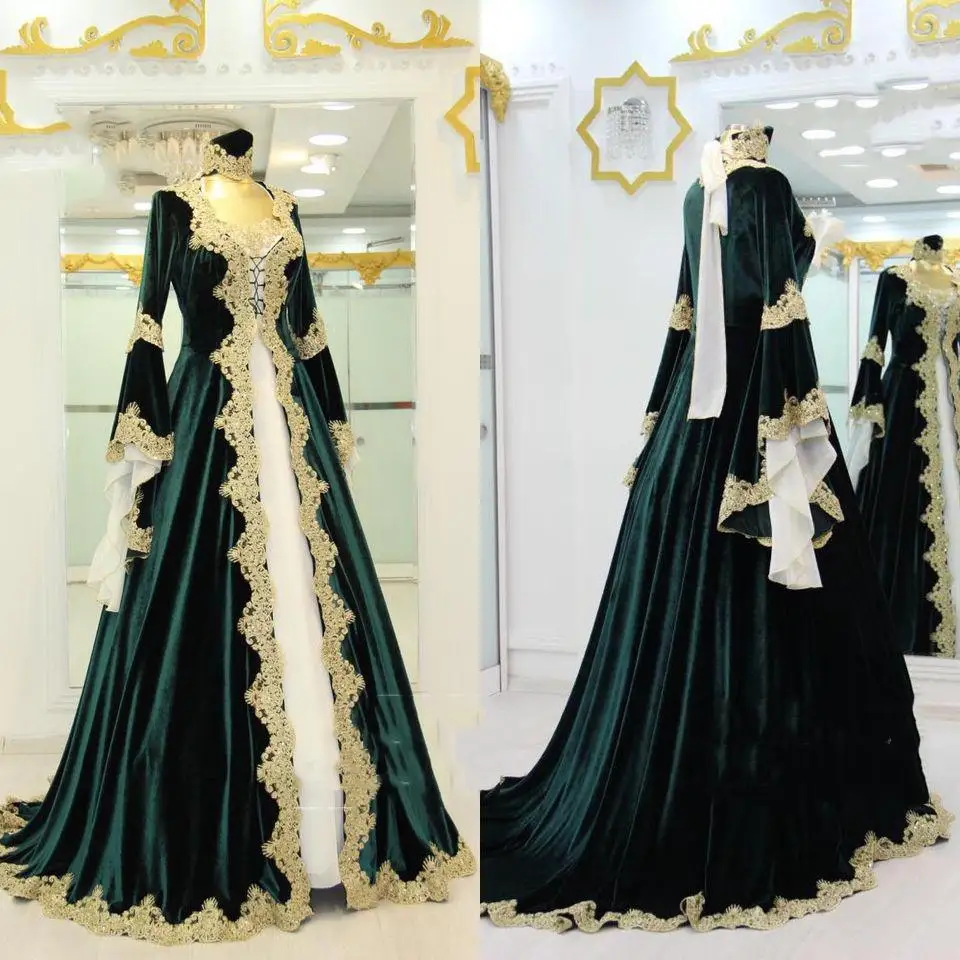 Velvet Morocco Kaftan Formal Evening Dresses long sleeve jacket green Appliques Dubai Bruxelles Marocain de prom gown customsize