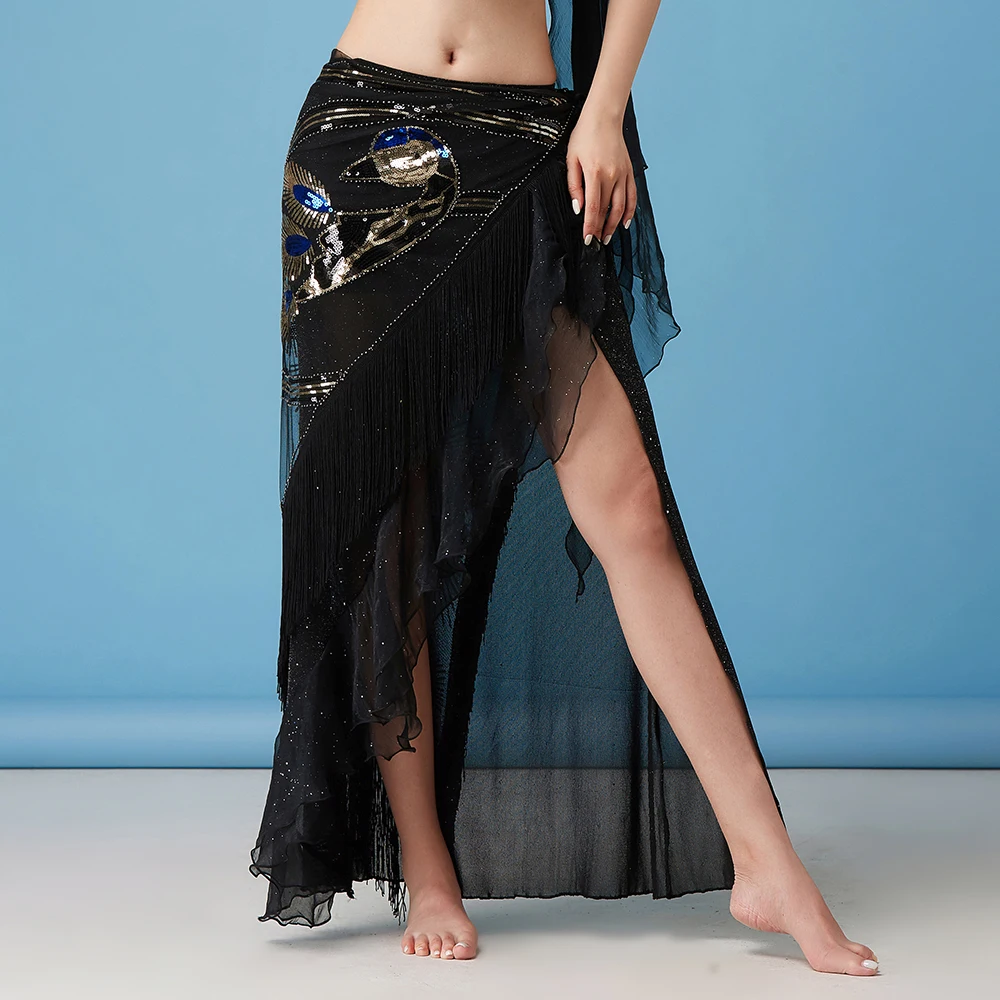 Women Belly Dance Clothes Black Mesh Base Long Fringes Sequins Belt Tribal Hip Scarf Peafowl Design Wrap Skirt