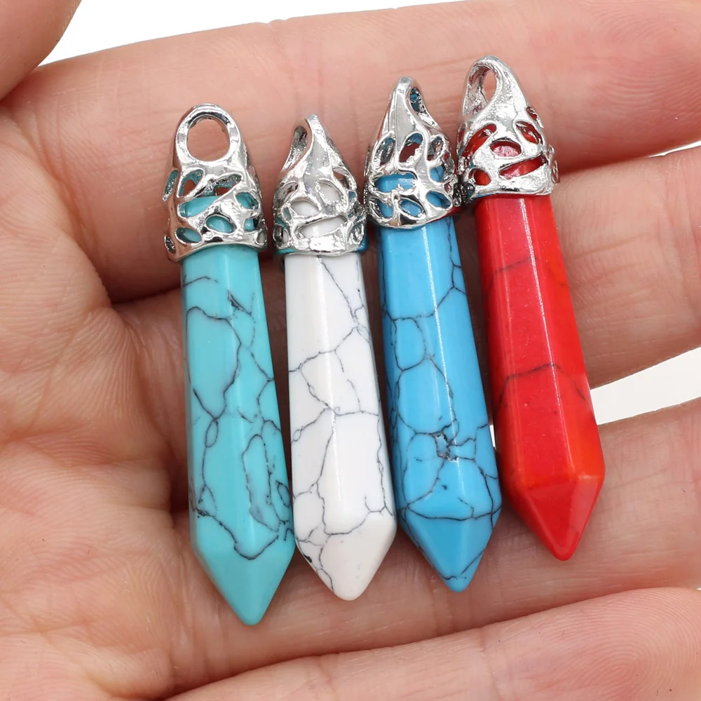 Natural Turquoises Pendant Metal Alloy Crystal Column Shape Winding Reiki Healing Pendant Size 8x40mm